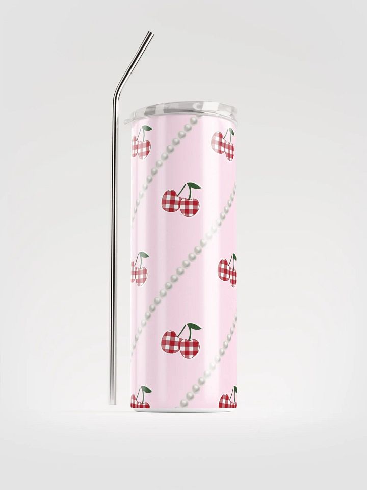 Pink Gingham Cherry Stainless Steel Tumbler With Pearl Accents product image (1)