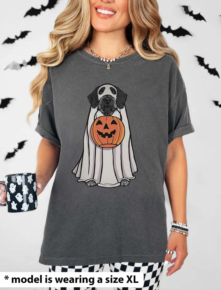 Funny Halloween German Wirehaired Pointer(Black) T-Shirt | Funny Dog Wearing a Ghost Costume and Holding a Pumpkin Basket product image (14)