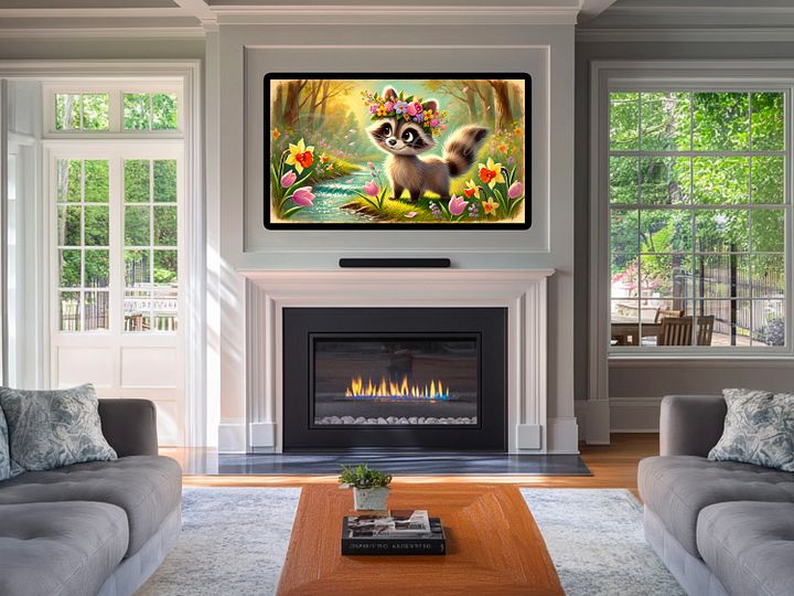 Spring Frame TV Art, Raccoon Floral Wreath Painting, Cute Easter Decor Digital Download product image (2)