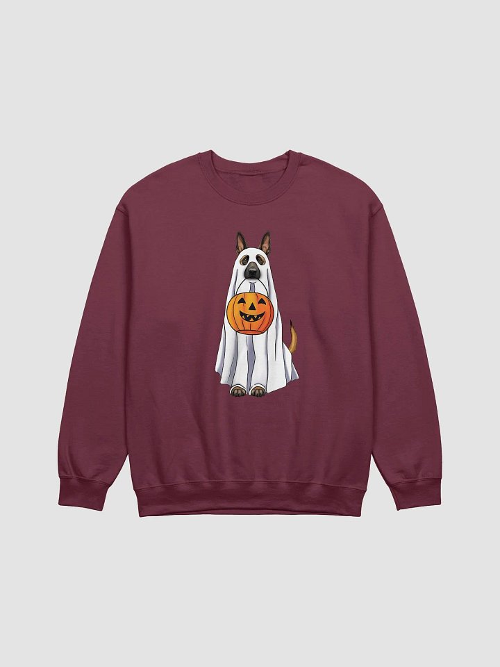 Belgian Malinois Halloween Sweatshirt | Funny Fall and Halloween Malinois Wearing a Ghost Costume with Pumpkin Basket product image (1)