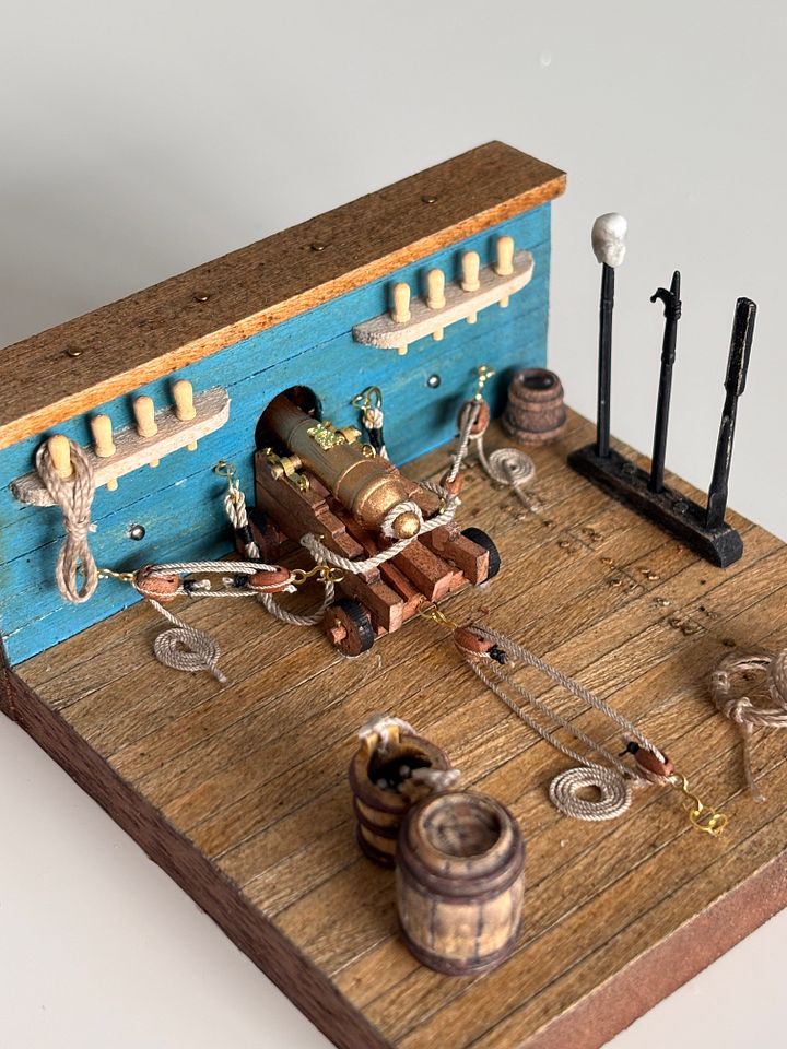 Wooden Diorama: Cannon Aboard a Historic Ship - blue ship version product image (1)