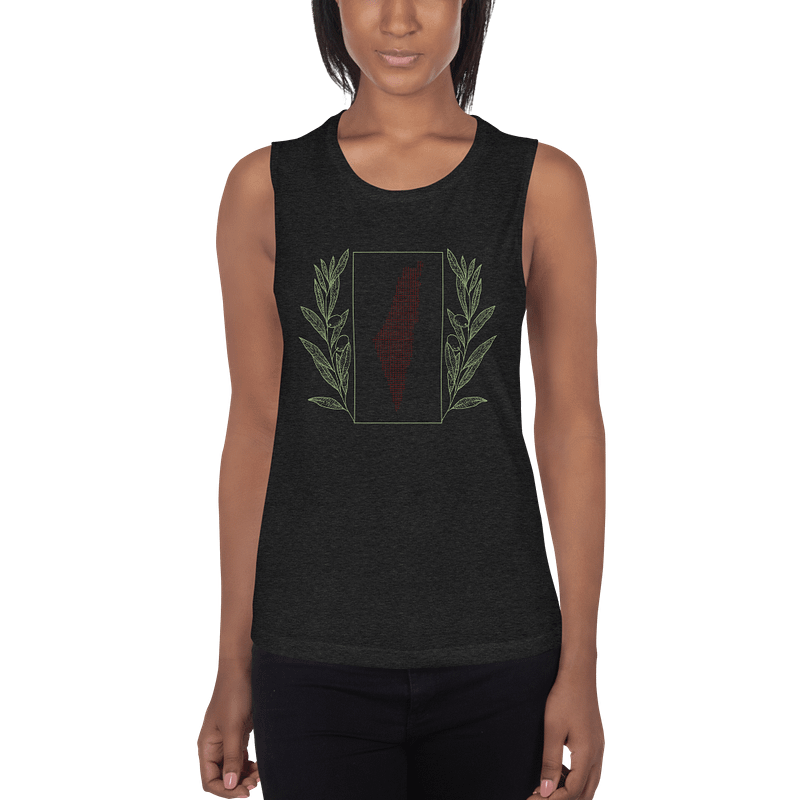 Olive Palestine Design Fitted Flowy Muscle Tank