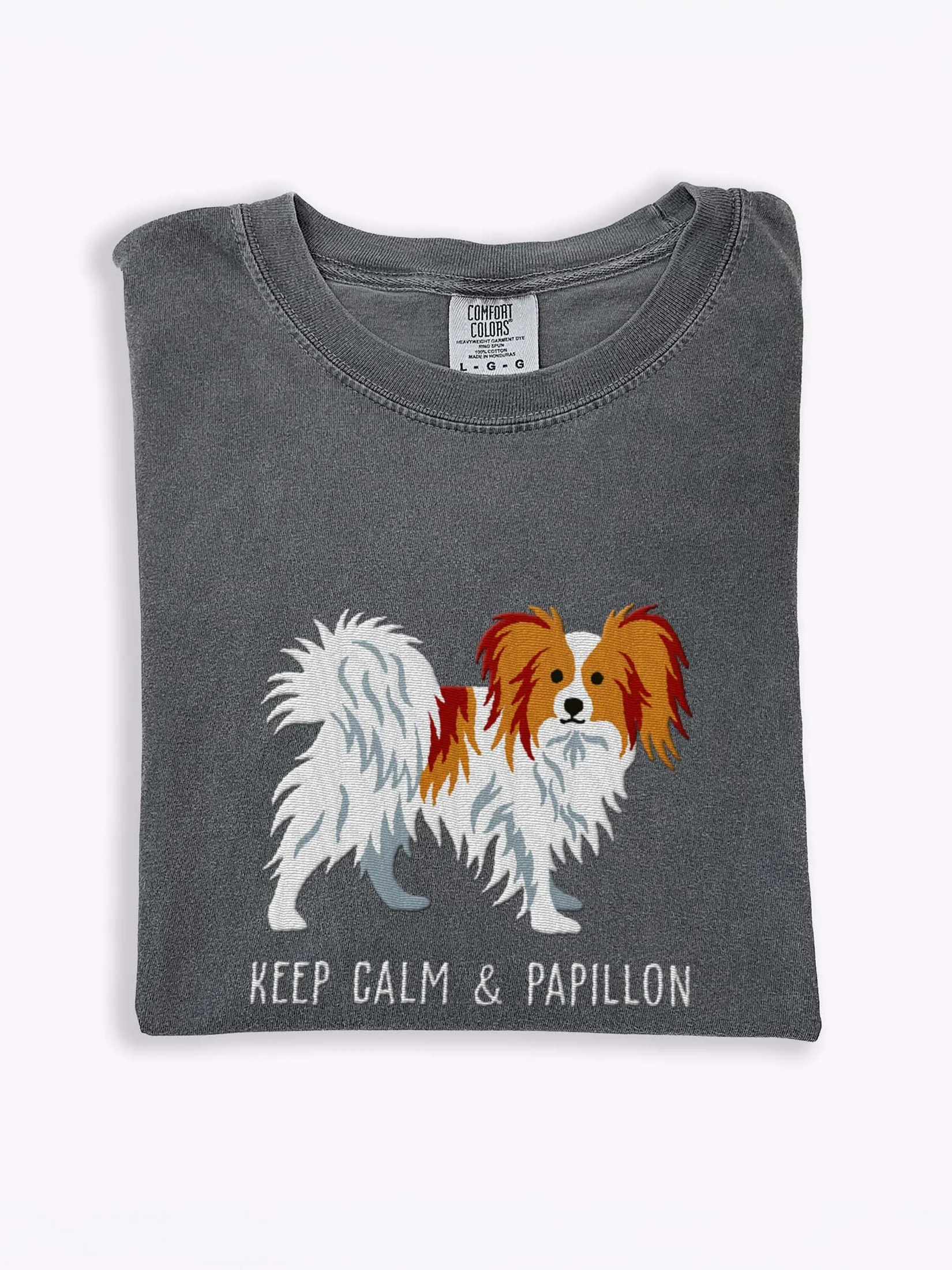Keep Calm & Papillon T-Shirt(Embroidered) of a Papillon(Brown & White) product image (1)