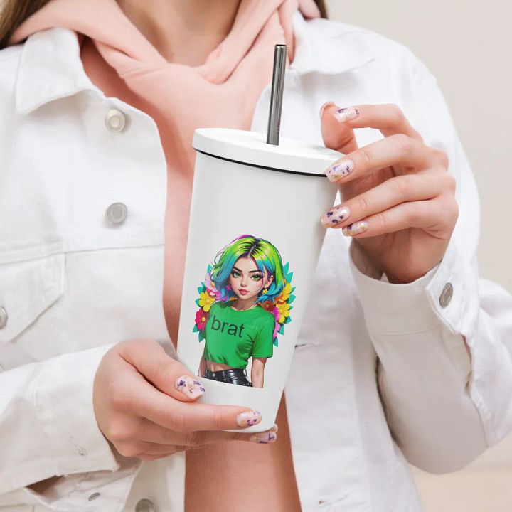 Brat 20 oz Tumbler Cup - White - Insulated Tumbler with a Straw v1 product image (2)