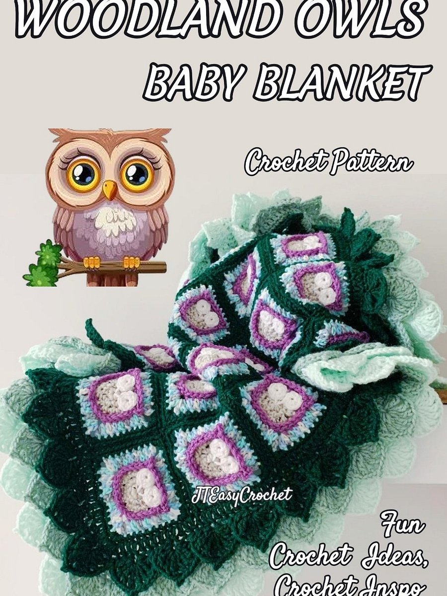 Whimsical Owls Forest Woodland Granny Square Blanket with Leaf Edging, Forest Theme Nursery Decor Crochet Pattern product image (4)
