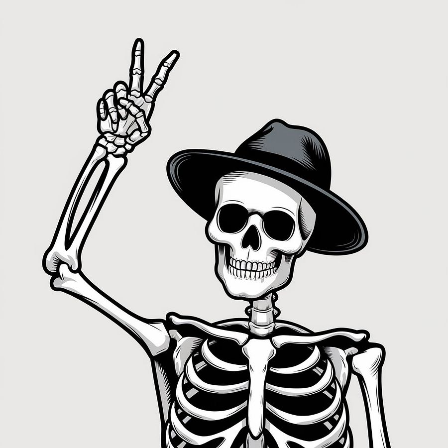 Skeleton Displaying a Peace Sign with His Right Hand