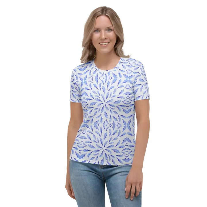 Blue Botanical Leaves All-Over Print Women's Crew Neck T-Shirt product image (1)
