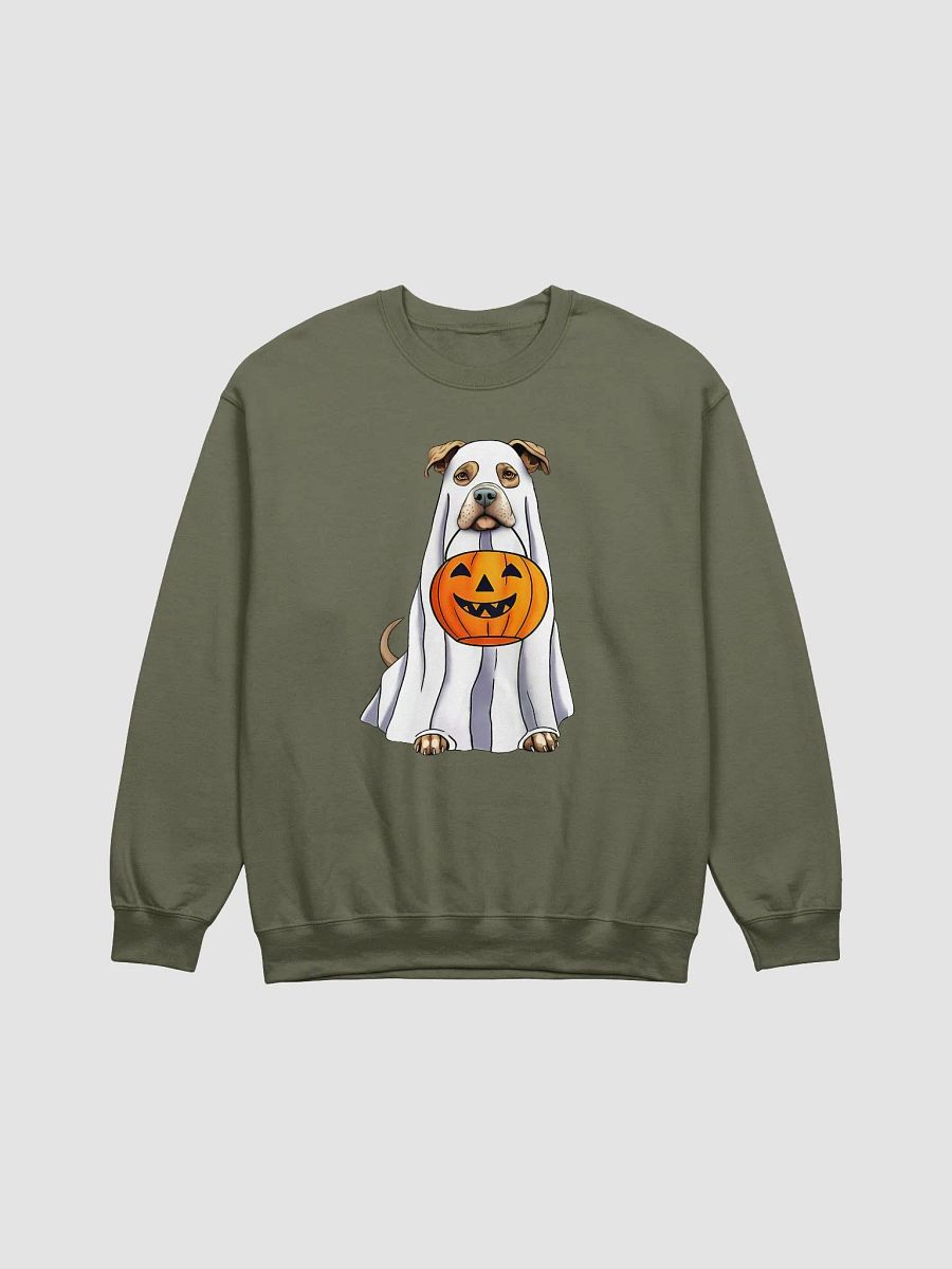 Pitbull(Fawn) Halloween Sweatshirt | Funny Halloween Staffordshire Wearing a Ghost Costume with Pumpkin Basket product image (21)