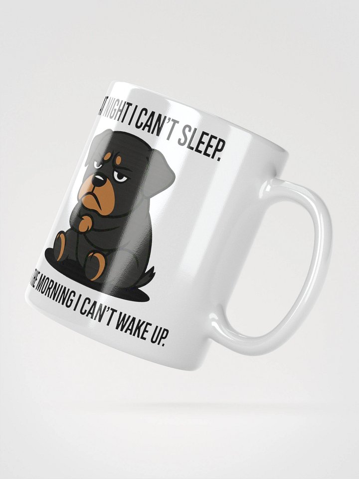 "AT NIGHT I CAN’T SLEEP. IN THE MORNING I CAN’T WAKE UP. Mug product image (2)