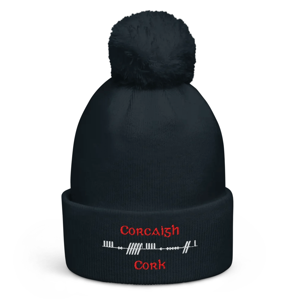 Cork/Corcaigh, Scholastic Style Ogham, red and white, embroidered Pom-Pom Beanie product image (1)