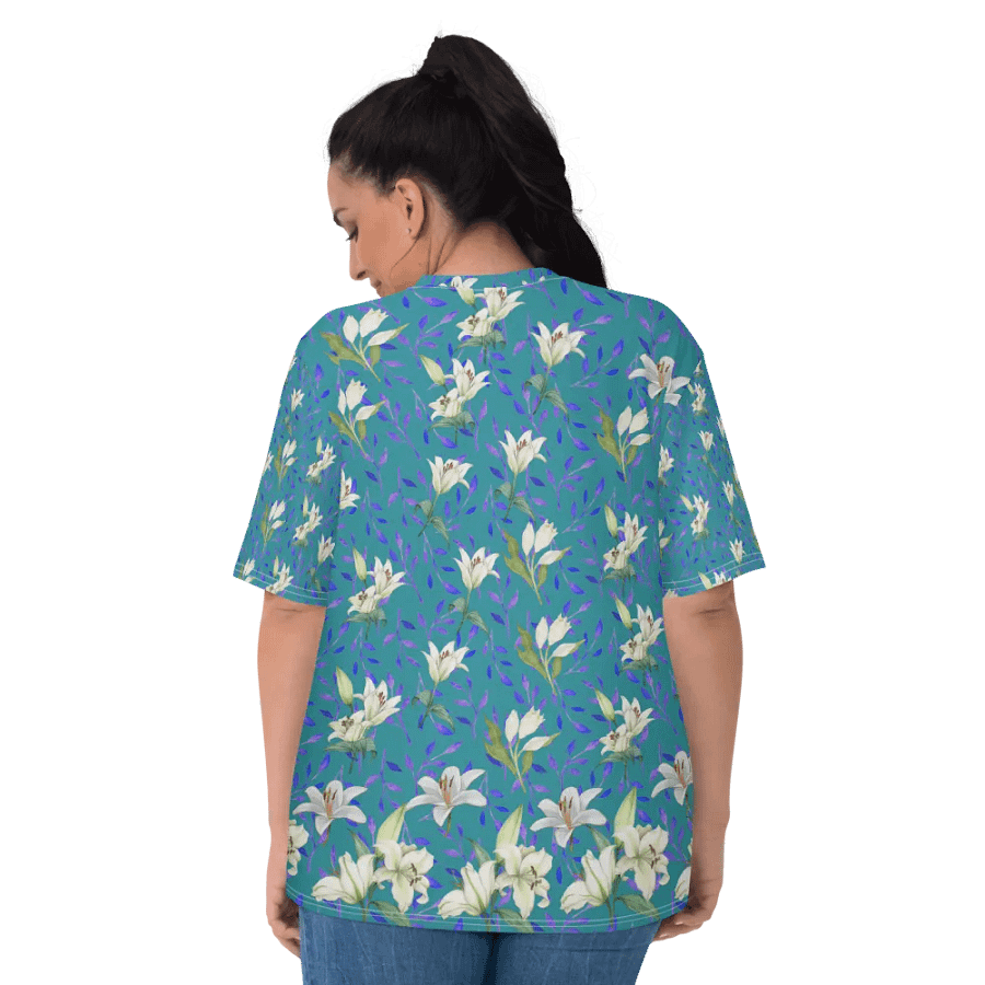 Ladies T shirt all over print blue and white flowery design giving a fresh holiday  fee product image (6)
