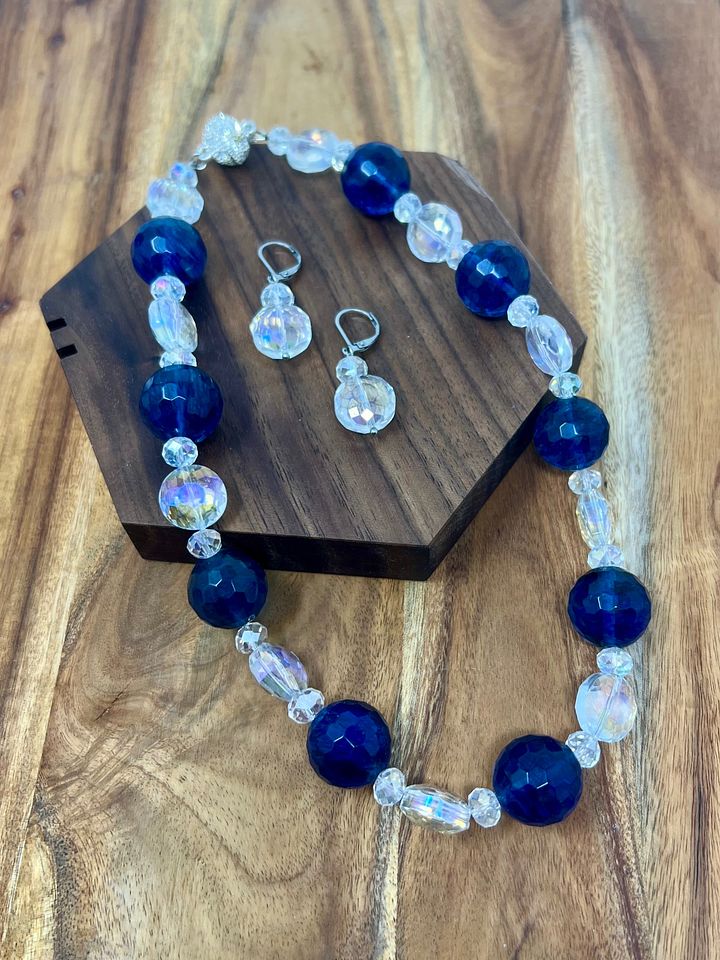 Handmade Necklace and Earring Set (Blue and AB Crystals) product image (2)