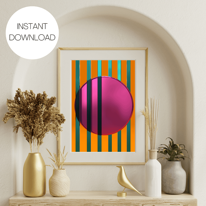 Minimalist 3D Digital Art | Teal Lines Plum Circle on Orange Background product image (1)