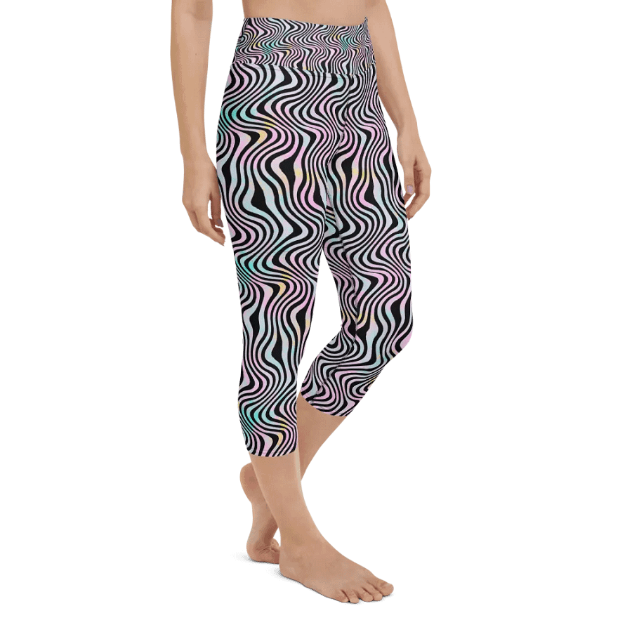 Yoga capri  leggings blue watercolour leafy design on black background product image (3)