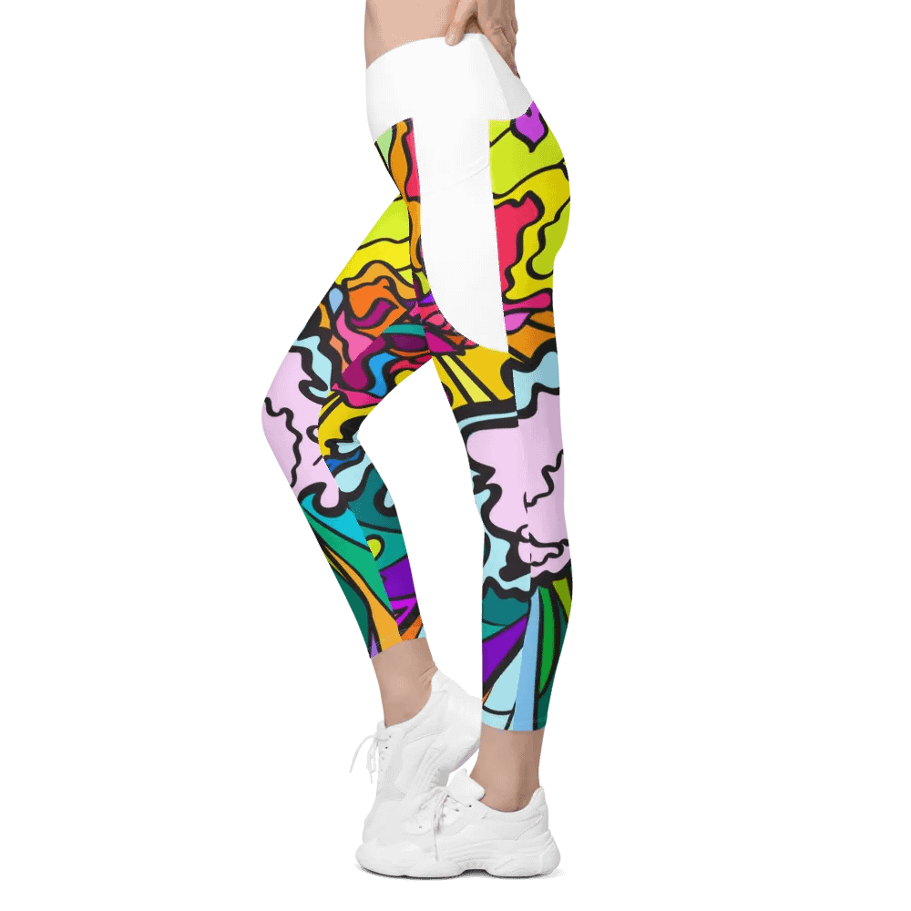 Psychedelic Fusion Crossover Leggings with Pockets - Wave at Sunset product image (1)