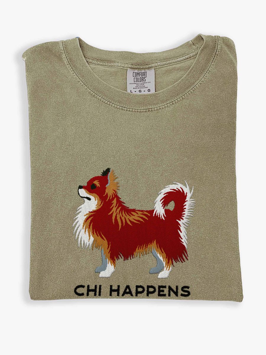Chi Happens T-Shirt(Embroidered) of a Longhaired Chihuahua(Red Tricolor) product image (1)