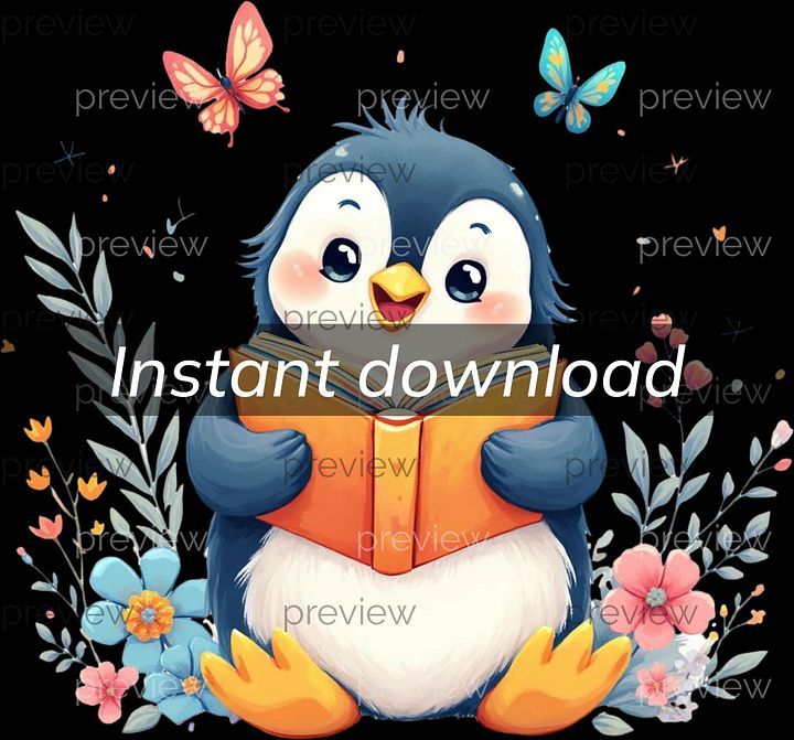 Adorable Cartoon Penguin Reading Book Surrounded by Colorful Flowers and Butterflies - Cute Clipart for Instant Download, 300 DPI PNG product image (1)