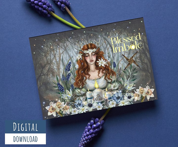 Printable Blessed Imbolc Card #1, Blank Inside, Goddess Brigid card product image (1)