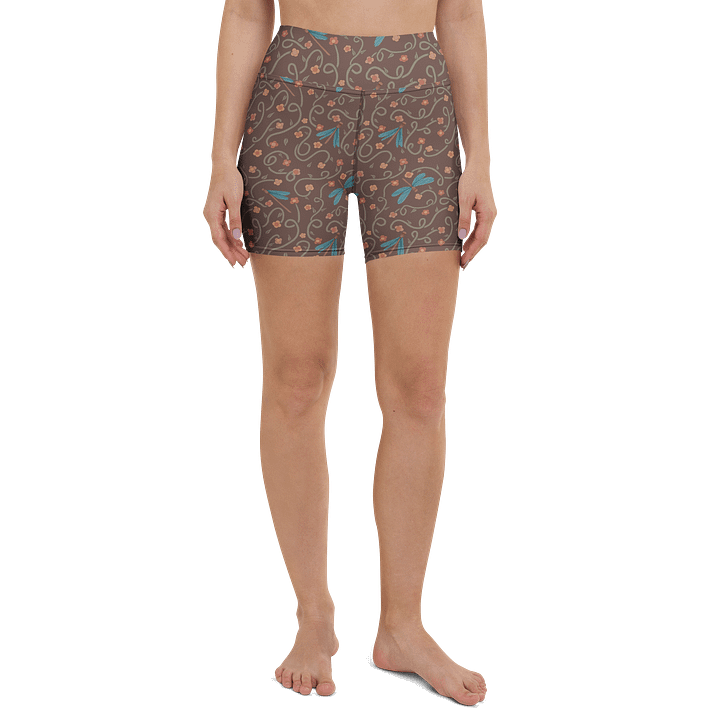 Print yoga shorts with dragonflies and floral pattern. Artistic activewear product image (2)
