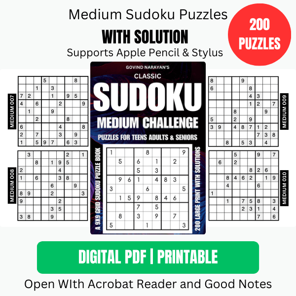 200 Classic Sudoku Medium Puzzle | Ebook | Printable product image (1)