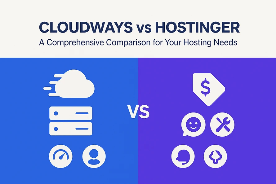 Cloudways vs Hostinger with icons for speed, pricing, support, and tools, topped by the headline “Cloudways vs Hostinger: A Comprehensive Comparison for Your Hosting Needs.