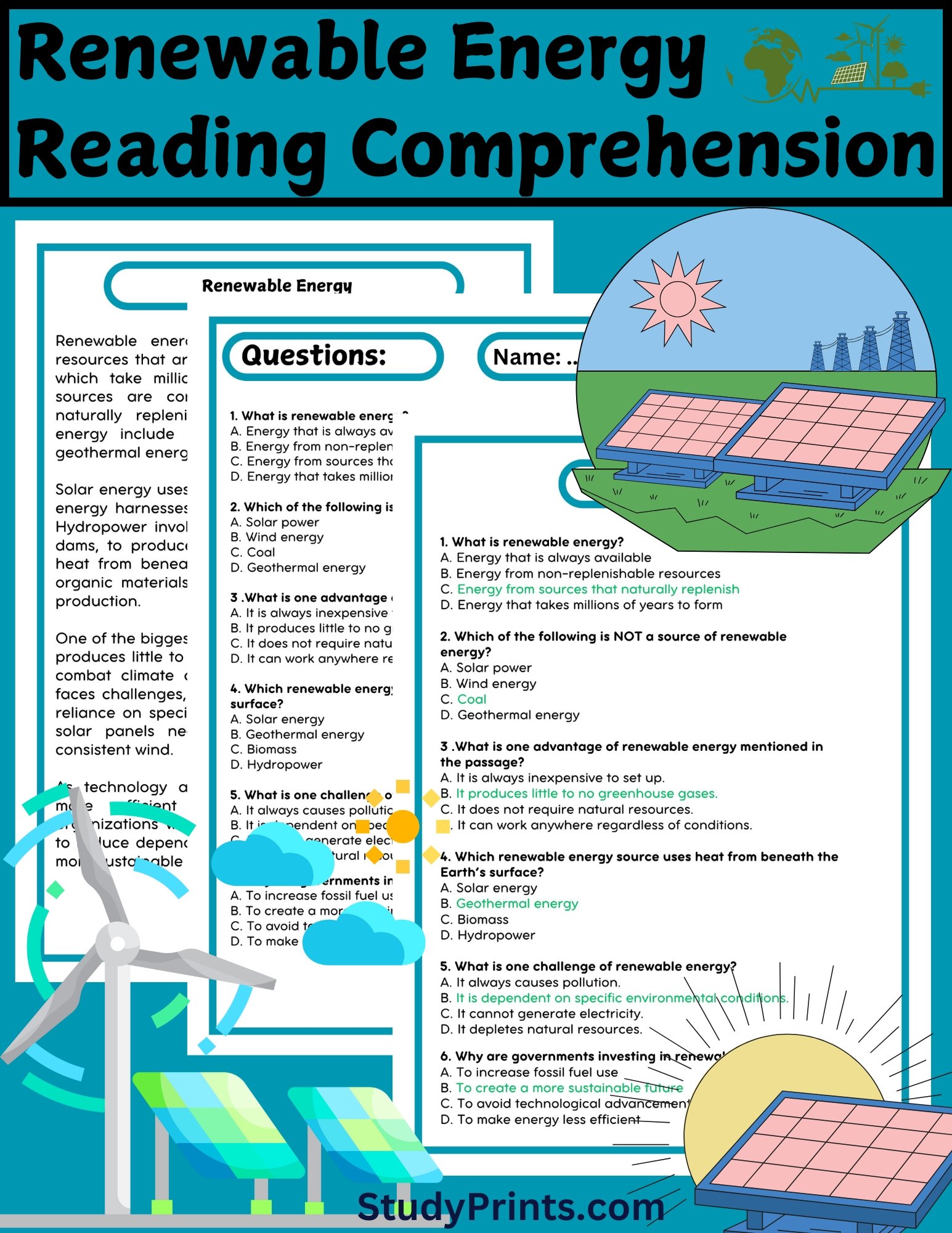 Renewable Energy Reading Passage with Comprehension Questions product image (1)