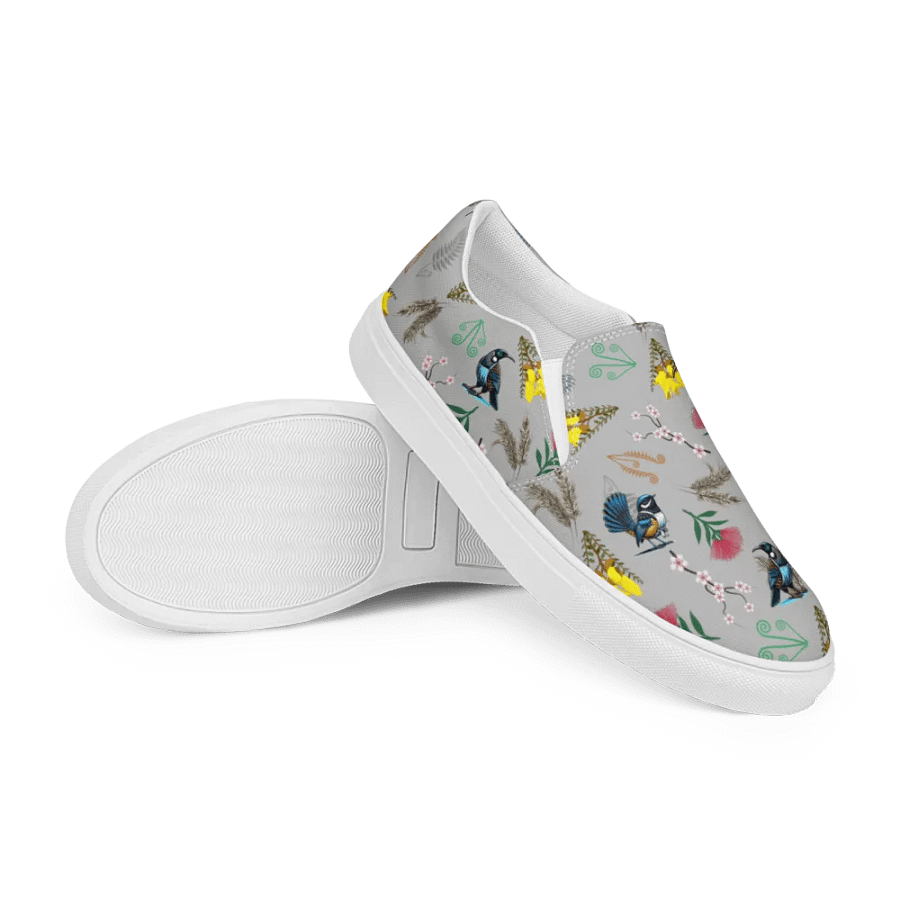 NZ Blooms and Birds Slip-On Canvas Shoes (Grey) product image (7)