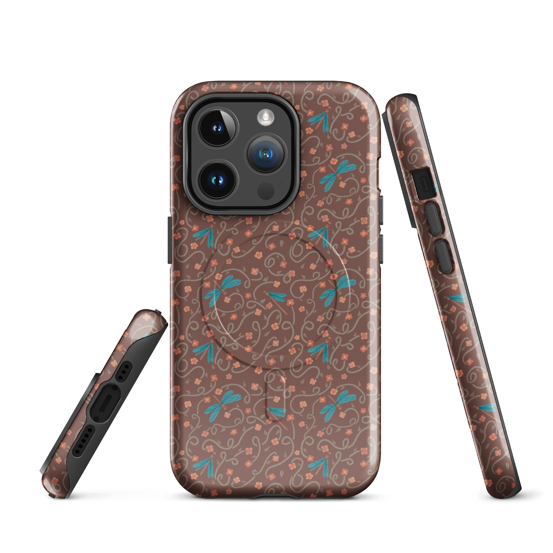 MagSafe case for iPhone with floral design and brown dragonflies. Artistic nature inspired protection product image (1)