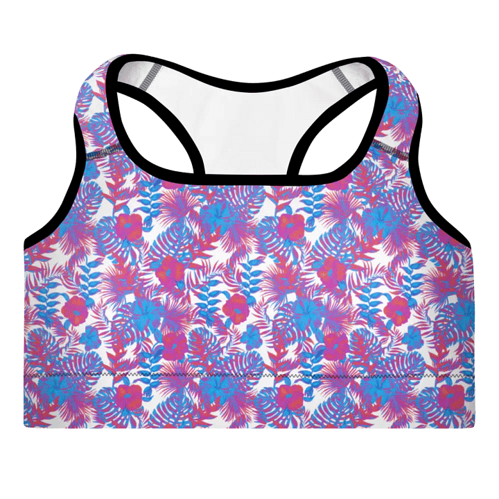 padded sports bra in  blue and pink colors tropical leaves design. Perfect for holiday vibes product image (2)