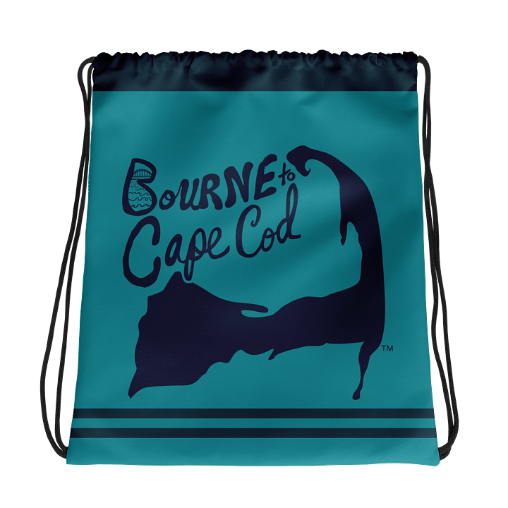 BOURNE to Cape Cod™ | Drawstring Bag | Beach-to-Gym Grab & Go | Coastal Vibe Sackpack Essential | Navy Blue Logo on Blue Stripes product image (1)