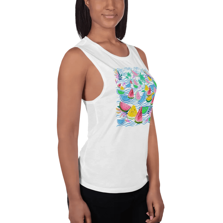 Ladies flowy muscle tank with fun tropical watermelon design for holiday vibe in summery colors product image (4)