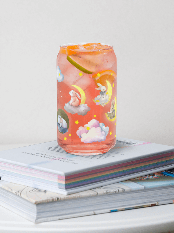 Bunny on the Moon Glass Sipper Can with Bamboo Lid & Straw – 16 oz | Whimsical Rabbit-Themed Can Glass | Cute Moon & Stars Design | Perfect for Iced Coffee, Smoothies, and More product image (5)