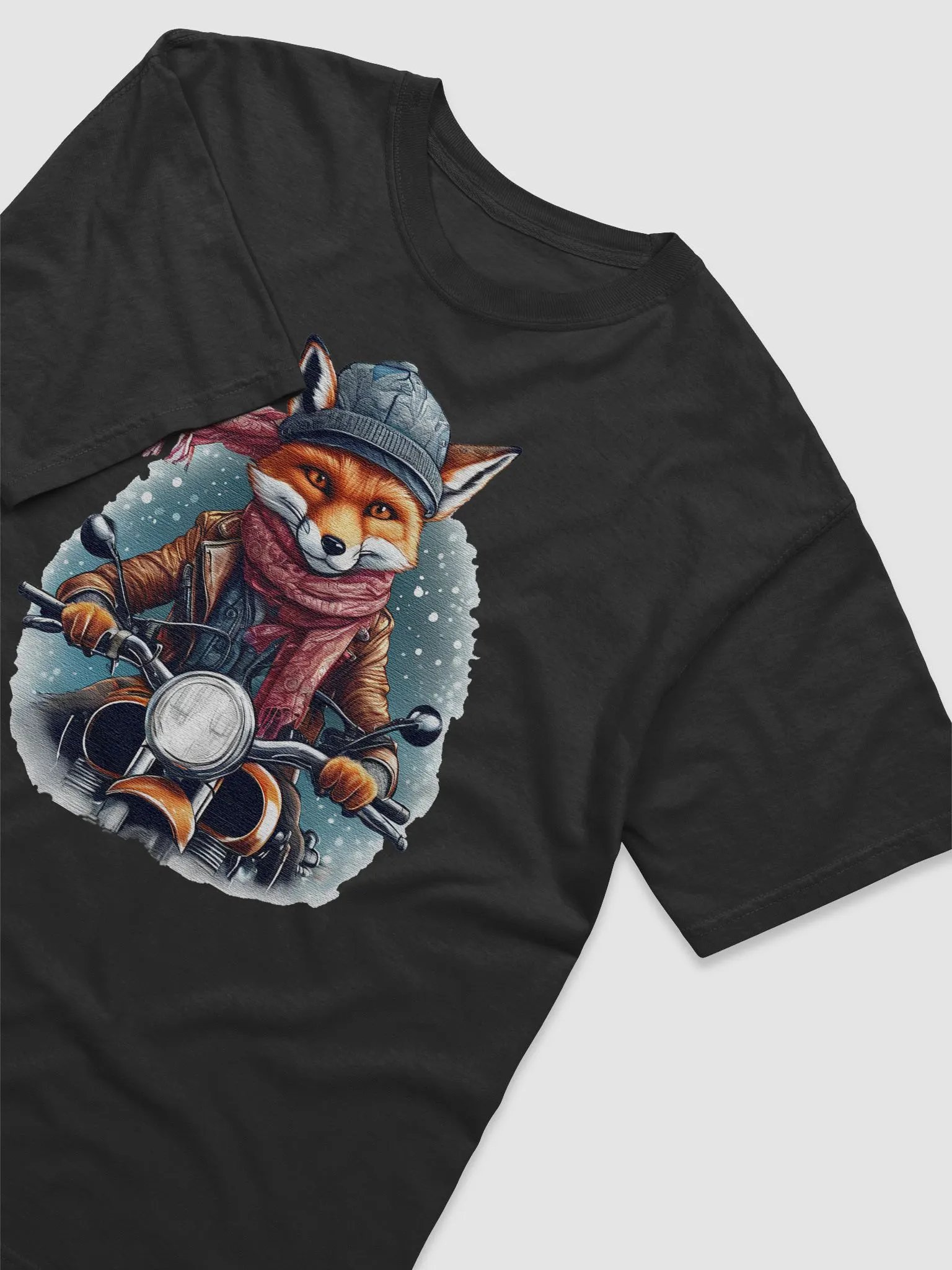 Fox wearing a jackets hat and a scarf on a motorcycle product image (3)