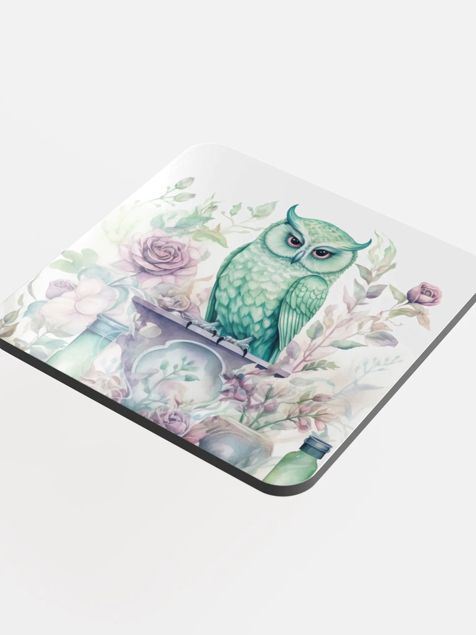 Glossed Cork Coaster 🦉 Peaceful Soft Green Theme - Owls Vibes - Motif 4 product image (4)