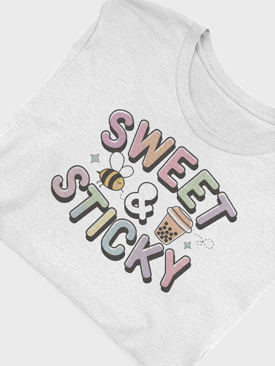 “Sweet & Sticky” t-shirt, bee and bubble tea graphic, motivational vibe clothing, adorable bee design, joyful outfit choice, unique graphic tee , bubble tea fan shirt, gift idea product image (5)