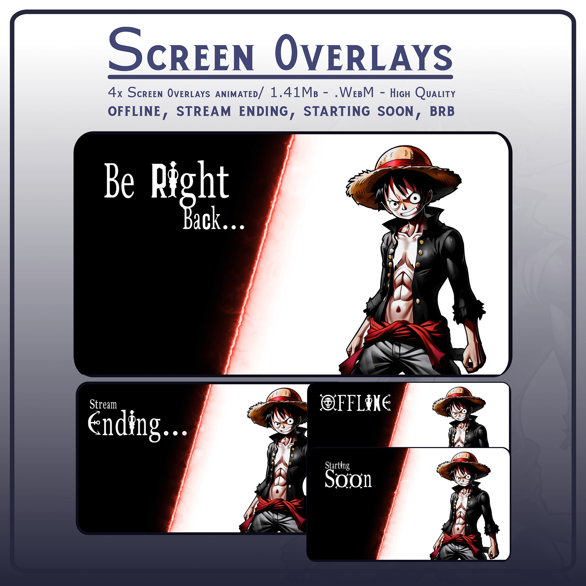 Luffy Black White Stream OVERLAY Pack, One Piece Overlay, Dark Anime twitch overlay, Anime black white Overlay, Black white stream overlay product image (2)