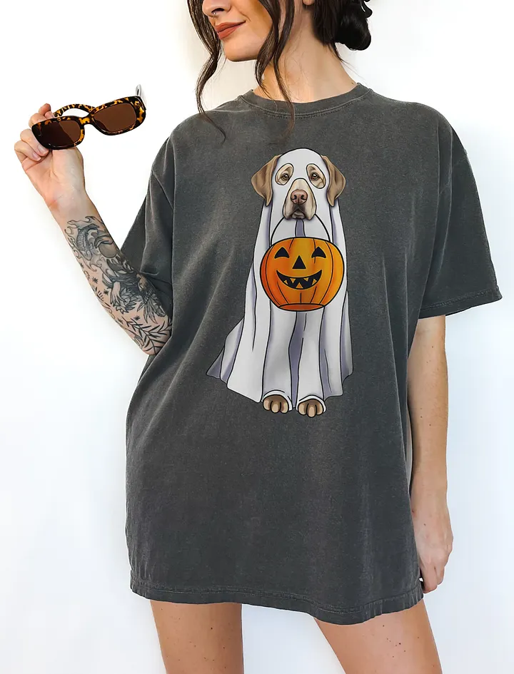 Labrador(Yellow) Halloween Tee | Funny Fall & Halloween Labrador Wearing a Ghost Costume with a Pumpkin Basket product image (6)