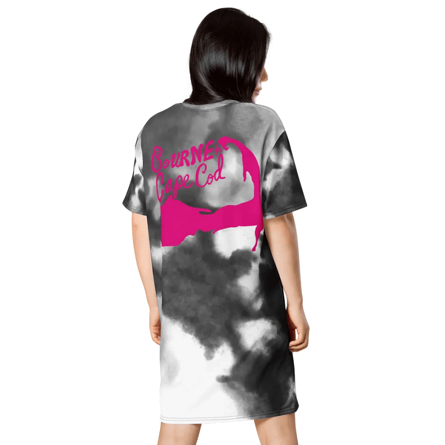 BOURNE to Cape Cod™ | Coastal Storm Clouds | T-Shirt Dress | Bright Pink Logos on Dark Gray and White Background product image (2)