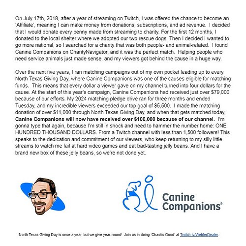 🚨 MAJOR MILESTONE 🚨

Thanks to my incredible @twitch viewers, @canineorg will now have received over $100,000 because of our ...