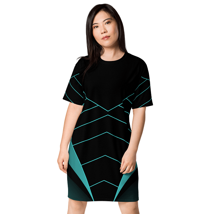 Exclusive Black T-Shirt Dress with Teal Geometric Chevron Design - Oversized Fit product image (1)