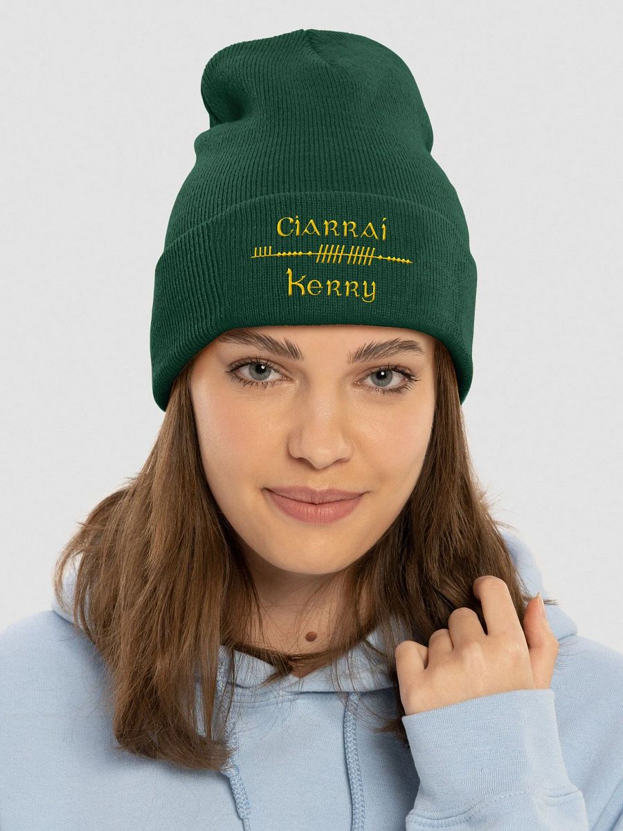 Kerry/Ciarraí Scholastic style Ogham, Green with gold, embroidered Cuffed Beanie product image (3)