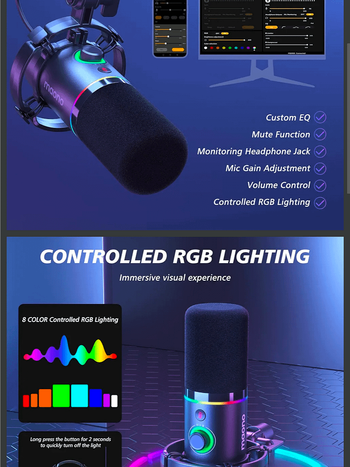 MAONO XLR/USB Dynamic Microphone for Gaming PC, RGB Podcast Mic for YouTube with Software, Mute, Gain Knob, Volume Control, Boom Arm for YouTube Gaming, Singing, Recording, Streaming, PD200XS Black product image (2)