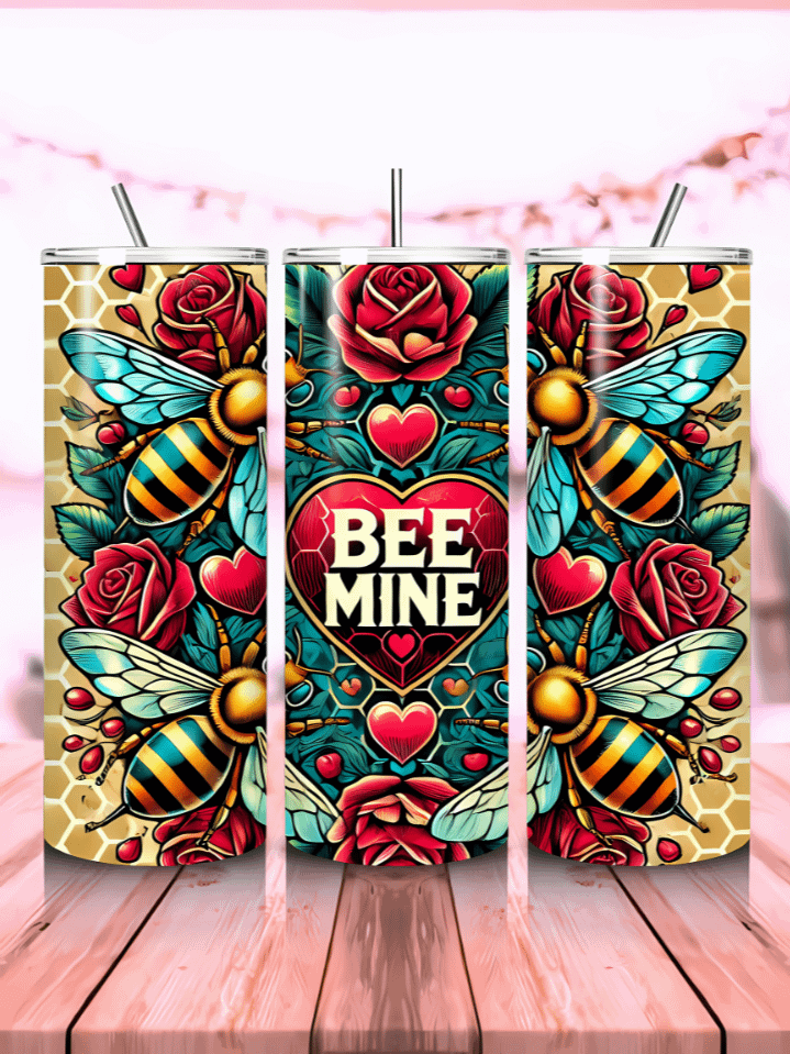 Bee Mine 20 oz Skinny Tumbler Wrap – Bumblebee & Hearts Valentine's Sublimation PNG – Digital Download Only product image (1)