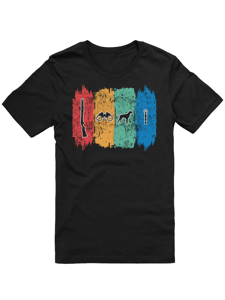 Modern Vintage Hunting Icons T-Shirt - Outdoor Gift for Hunters, Rifle Binoculars Dog Whistle Tee, Unisex Cotton Top, Hunter Apparel product image (1)