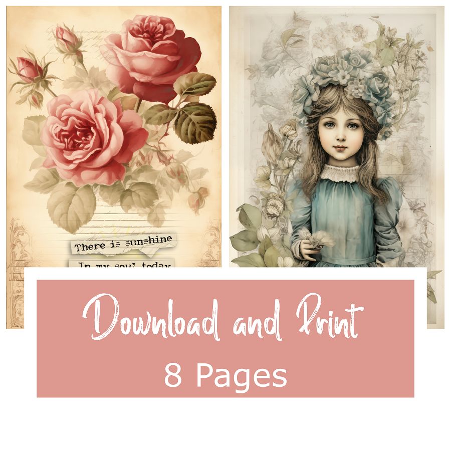 Victorian Style Journal and Scrapbooking Cards - Printable Set of 8 (4x6 inches) with Pretty Ladies, Pink Roses, and More product image (3)