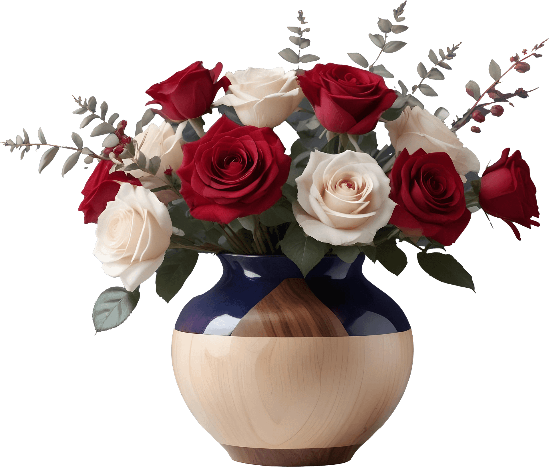 Dual-Tone Wood and Blue Vase with Red and White Roses PNG product image (1)