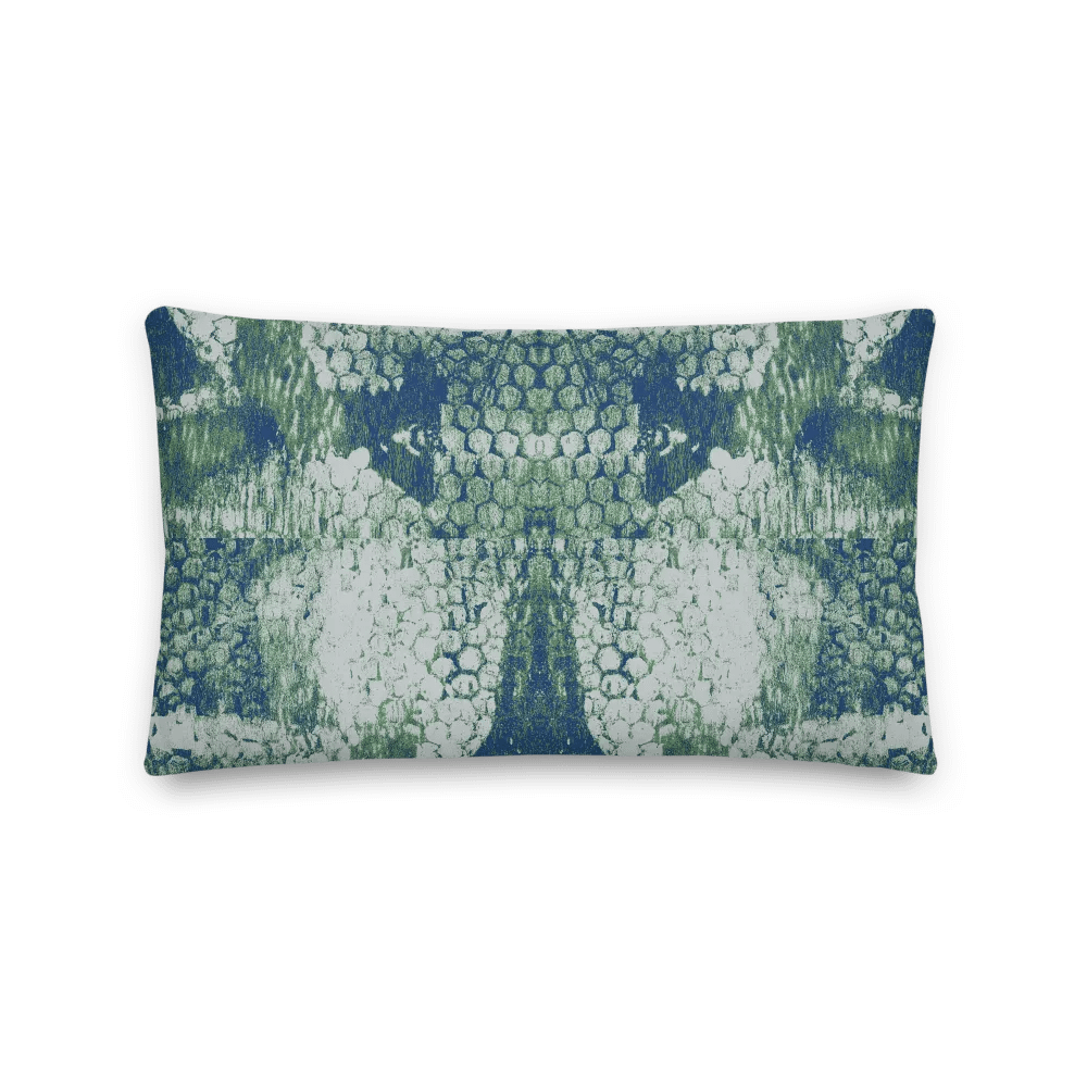 Honeycomb Grunge Throw Pillow in Mossy Green and Deep Blue on Bright Sand product image (2)