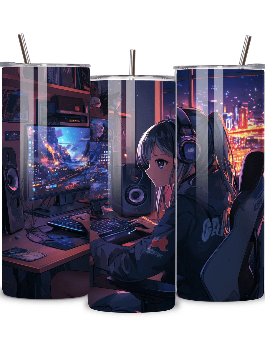 Anime Gamer Girl 20oz Skinny Tumbler with Metal Straw – Vibrant Gaming Setup Design – Double-Walled Insulated Stainless Steel Tumbler Gift for Anime and Gaming Fans (Anime Girl 3) product image (1)