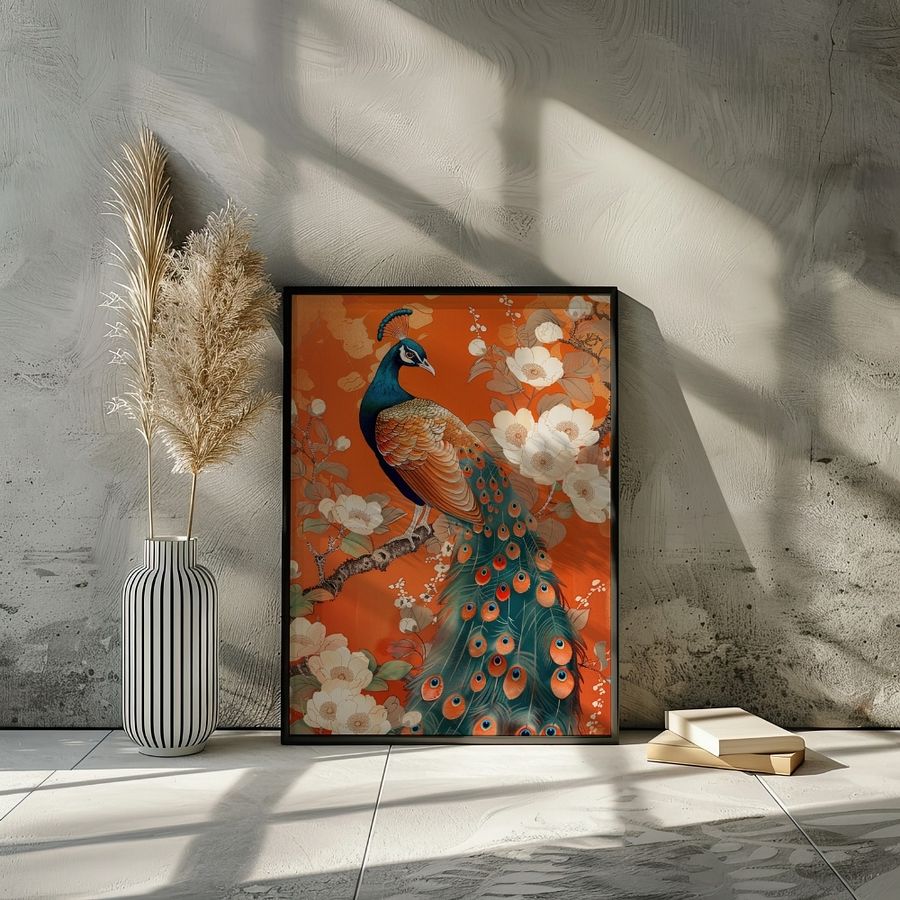 Art Nouveau Peacock on Orange Floral Art Print product image (25)