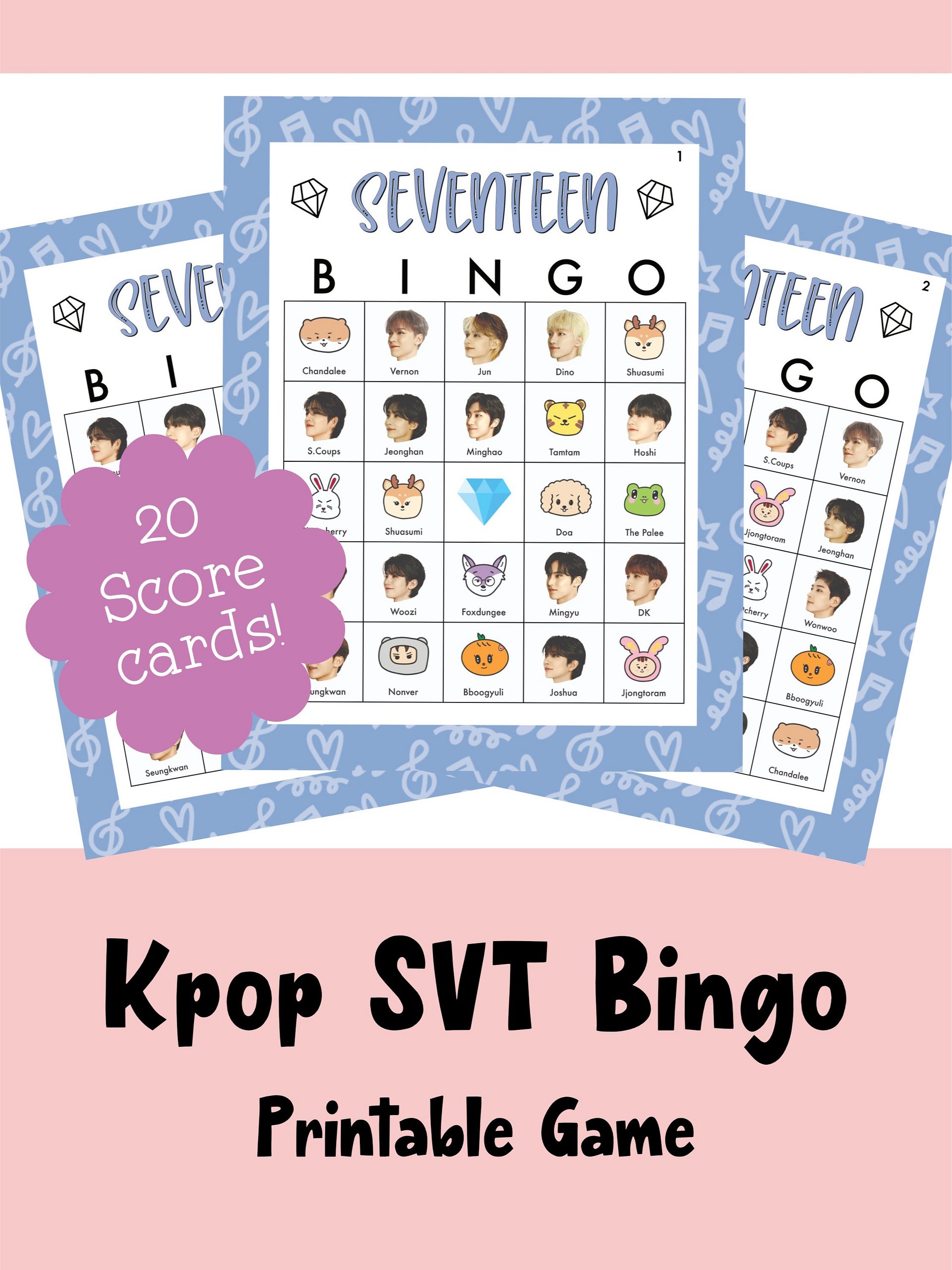 SEVENTEEN k-pop BINGO game MINITEEN Printable party activity for Carats product image (1)